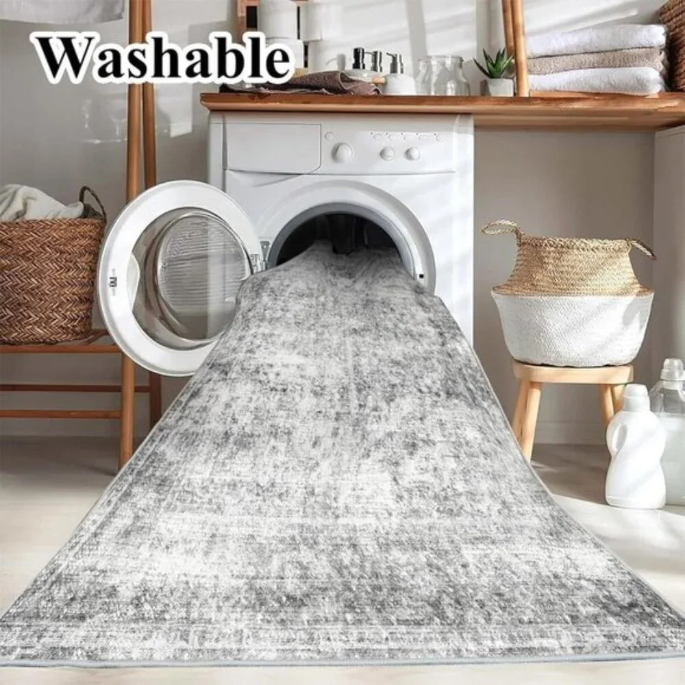 New 5x7 Gray Washable Area Rug, Vintage Floral Non-Slip Thin Accent Carpet
